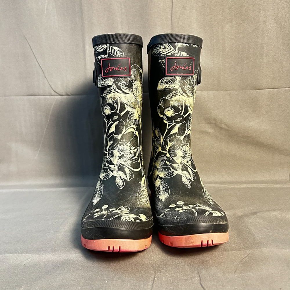 Joules Molly Welly Mid-Calf rain boots Sz 8 Black & White Floral Muck Gardening